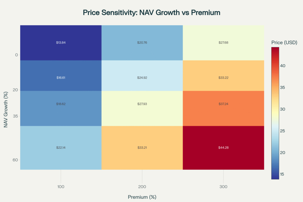 Implied DXYZ price is far more sensitive to premium shifts than moderate NAV growth changes