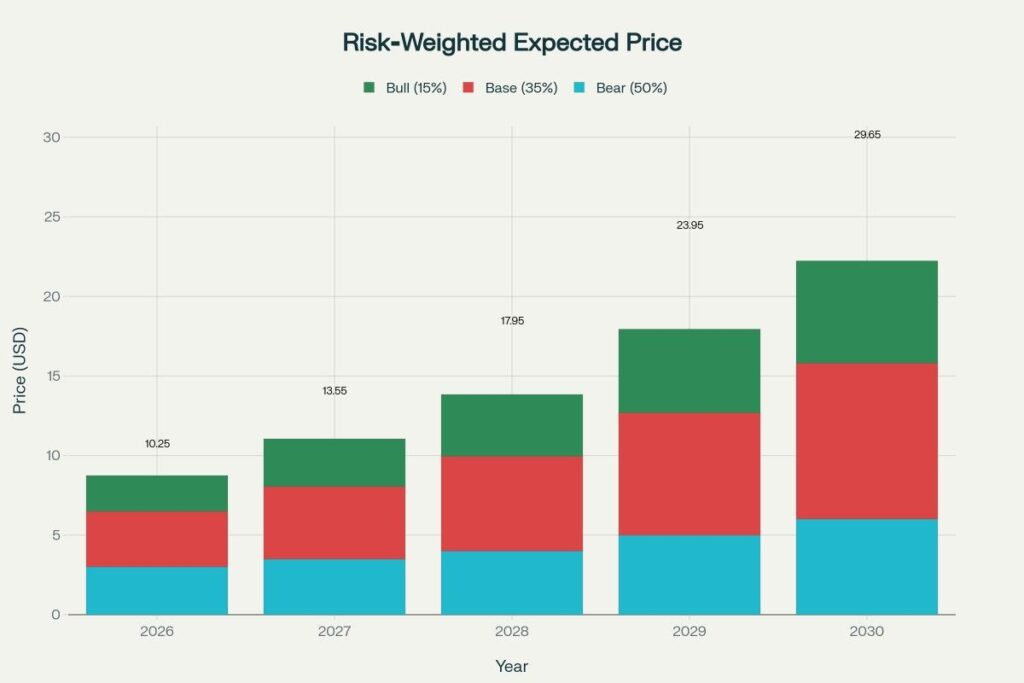 Probability‑weighted price path rises as revenue scales and risk falls