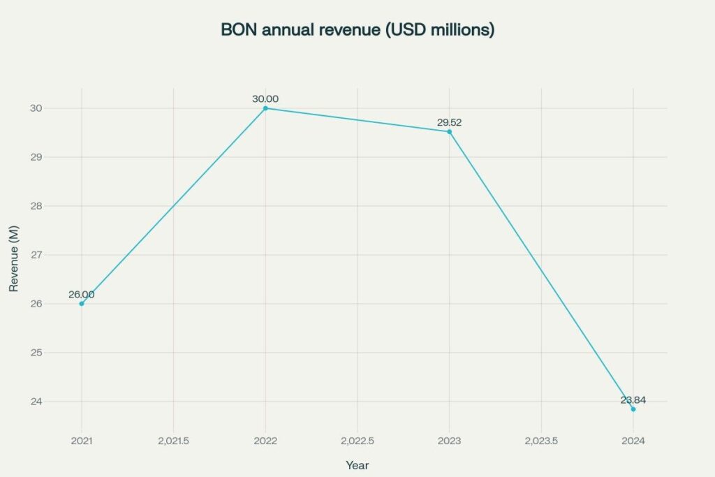 Revenue declined from $30.0M (2022) to $23.84M (2024)