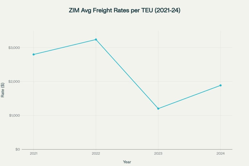 ZIM freight rates showing dramatic decline from 2022 highs with partial 2024 recovery