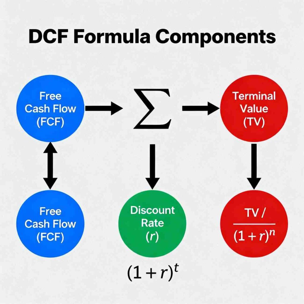 Visual breakdown of DCF formula components for stock valuation