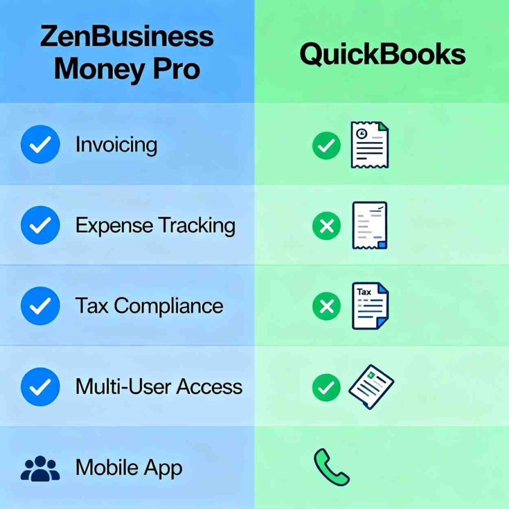 Visual comparison chart of ZenBusiness Money Pro versus QuickBooks features