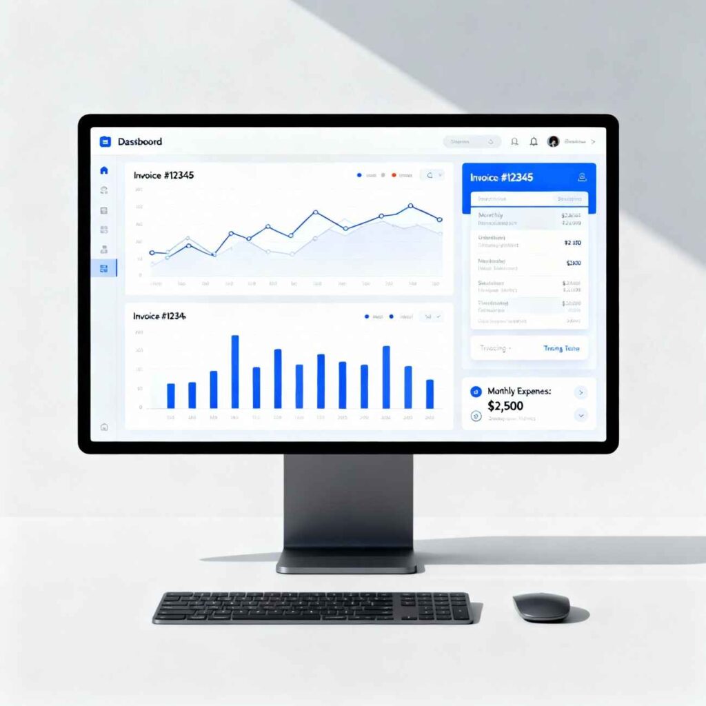 Stylized dashboard showing accounting software interface with financial data