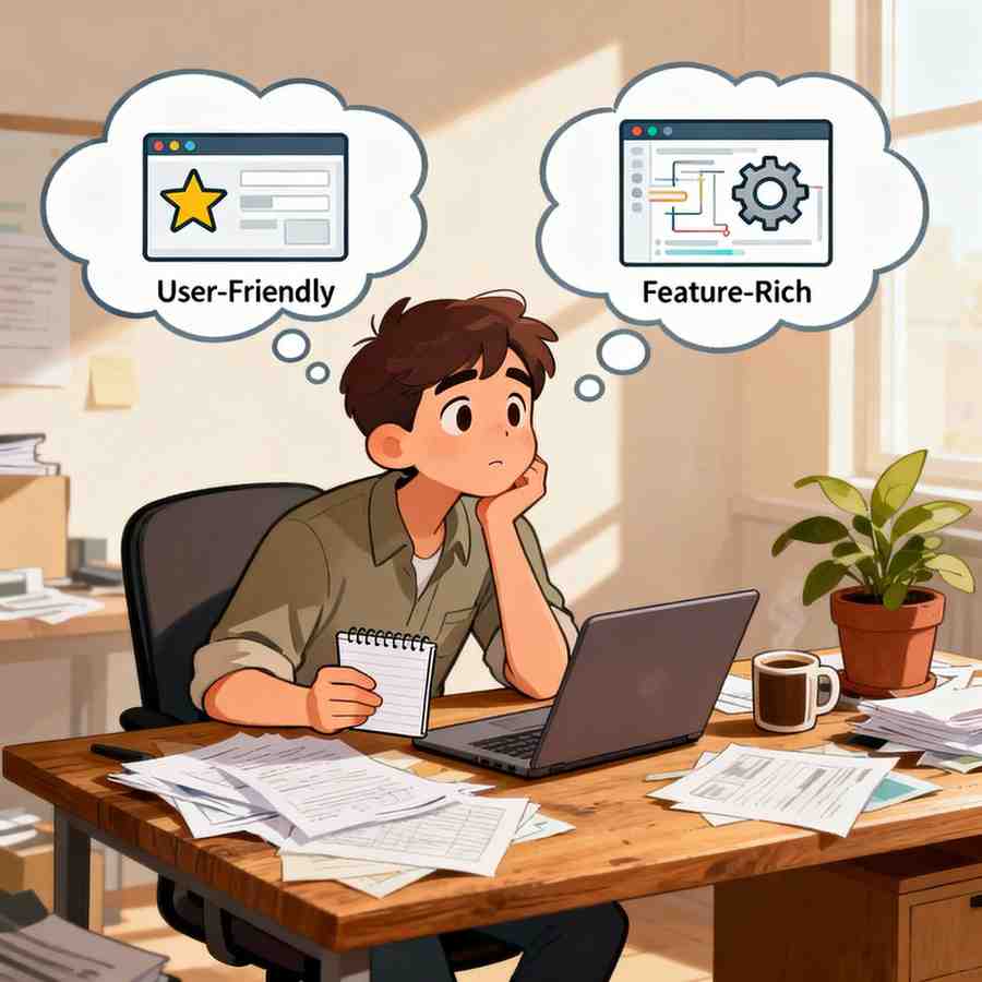 Illustration of a business owner deciding between accounting software options